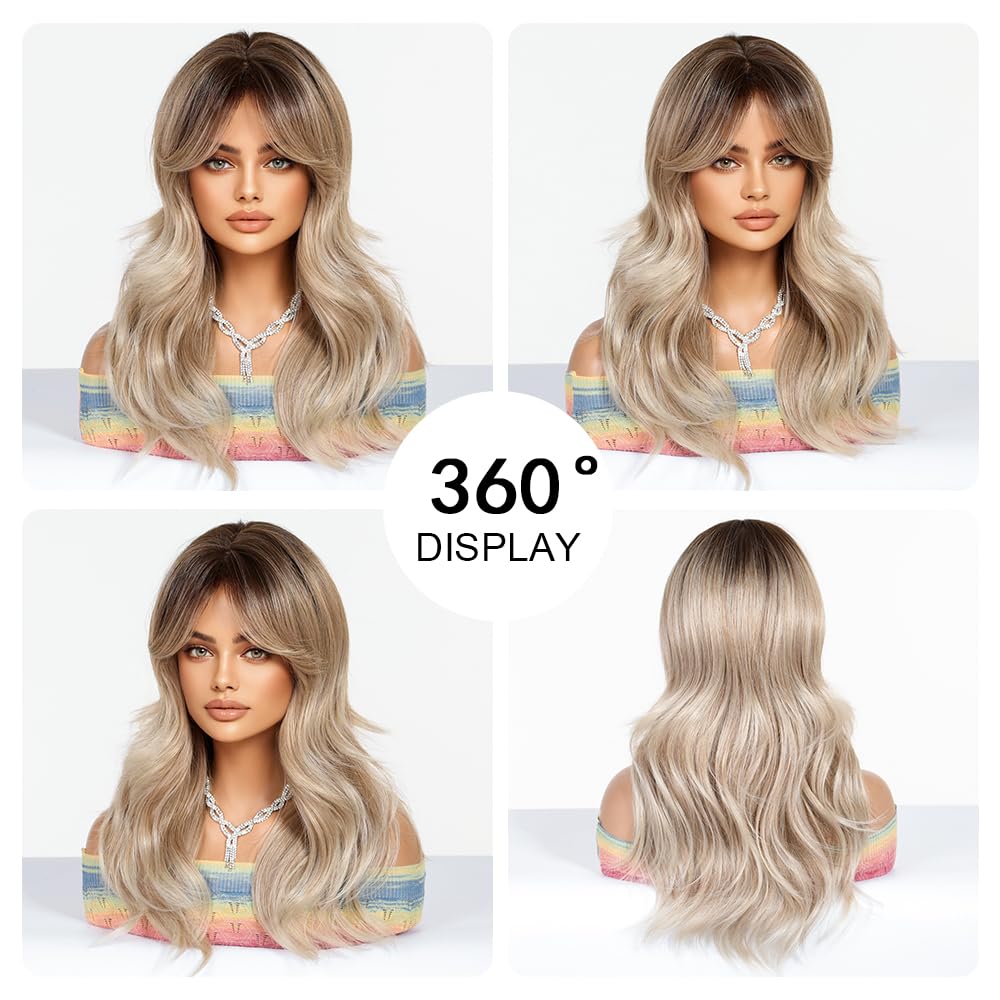 Peruca lunga ombre, blond cenusiu cu breton, par sintetic, natural ondulat, rezistent la caldura, 50 cm - imagine 6