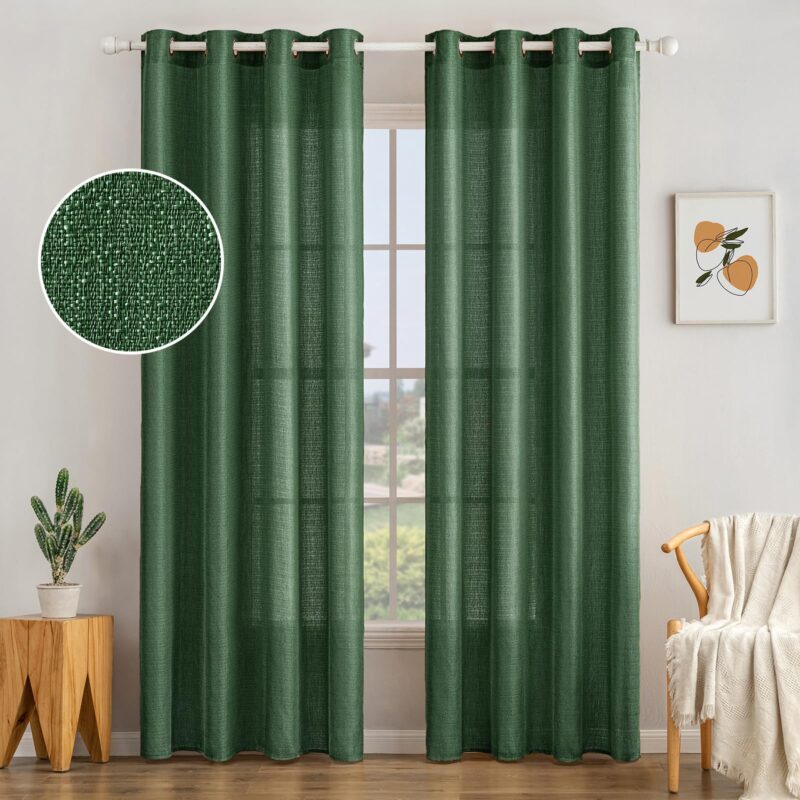 Perdele semitransparente, cu ocheti, aspect de in, 140X280 cm, verde inchis