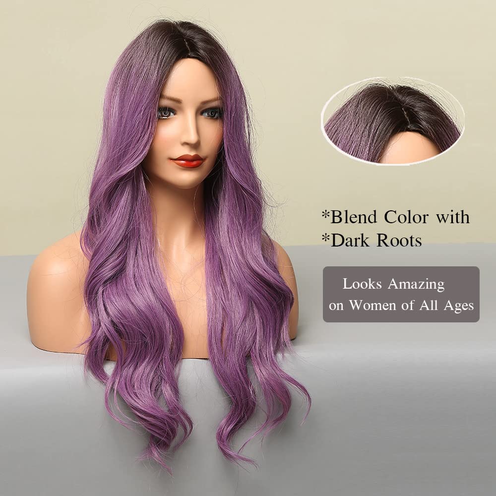 Peruca lunga, violet, ondulat natural, rezistenta la caldura, par sintetic, 60 cm - imagine 3