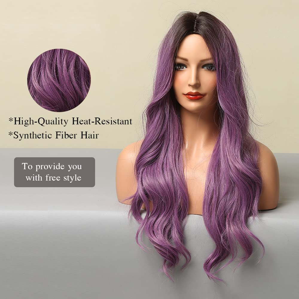 Peruca lunga, violet, ondulat natural, rezistenta la caldura, par sintetic, 60 cm - imagine 4