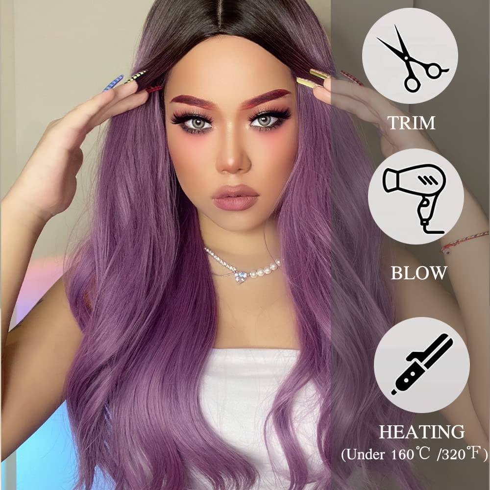 Peruca lunga, violet, ondulat natural, rezistenta la caldura, par sintetic, 60 cm - imagine 6