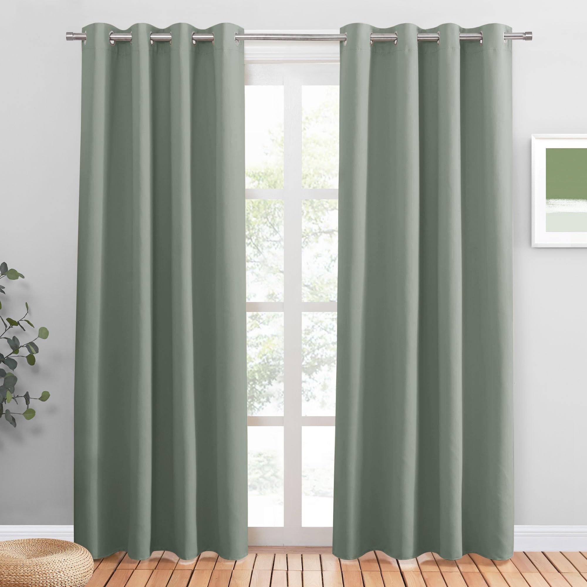 Draperie opaca cu ocheti, protectie termica, 210x140 cm, verde salvie, set 2 buc.