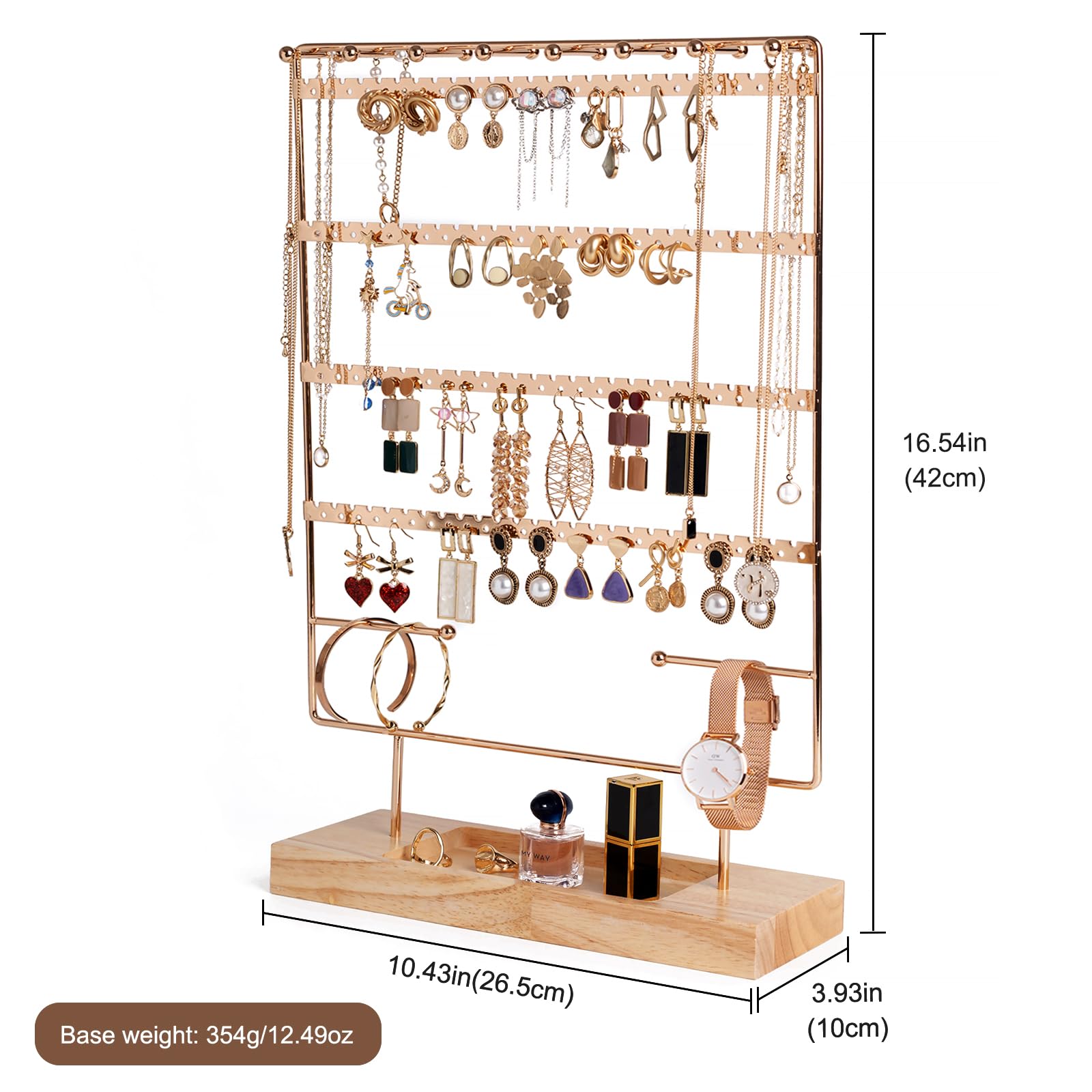 Suport pentru bijuterii cu 6 niveluri, 208 gauri pentru cercei, suport pentru lant cu doua fete, cu tava din lemn, auriu - imagine 6