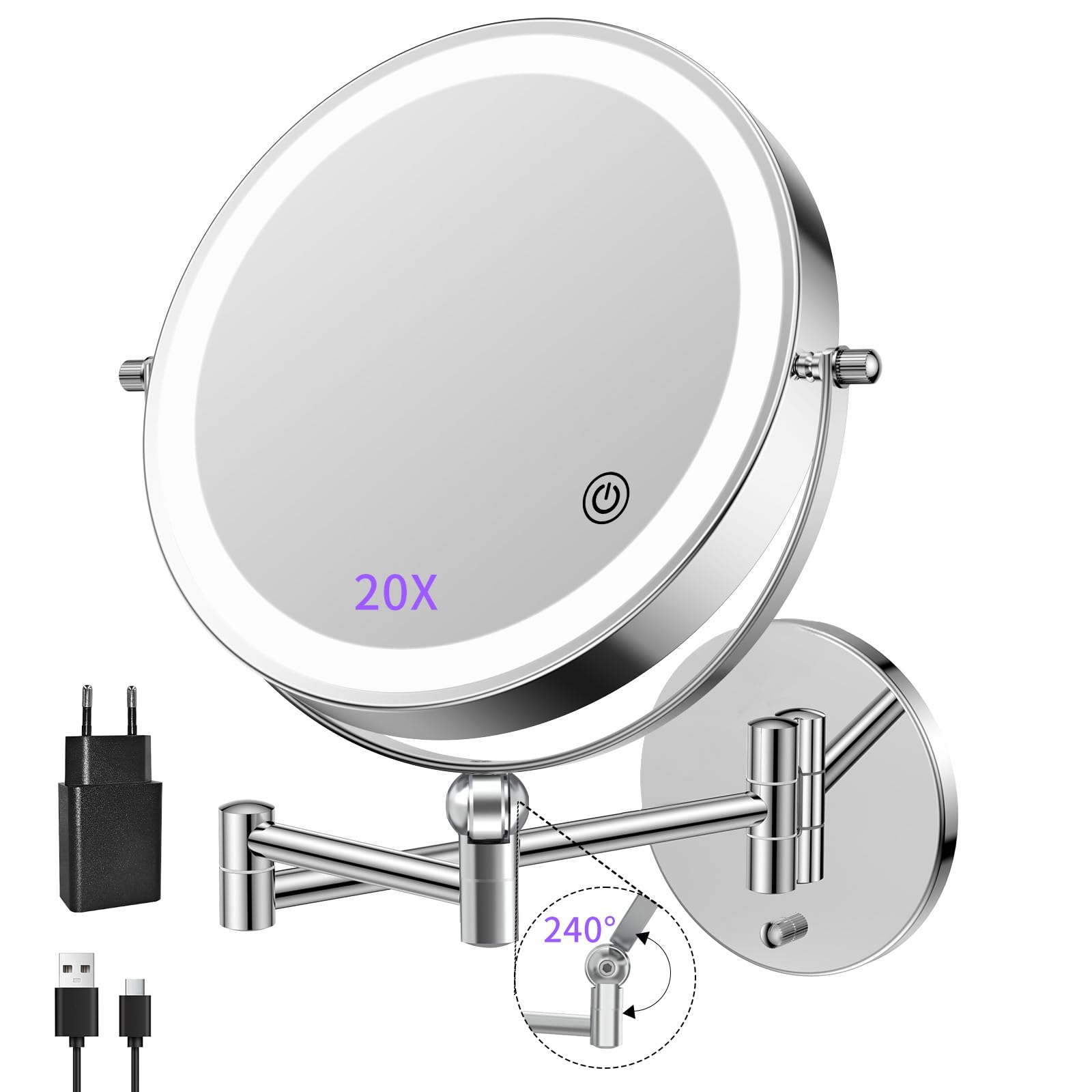 Oglinda cosmetica pivotanta si reglabila pe inaltime, cu ecran tactil si lumina LED reglabila, reincarcabila, 5000 mAh, cu doua fete: 1X/20X, rotativa la 360°, fixare pe perete, de 23 cm