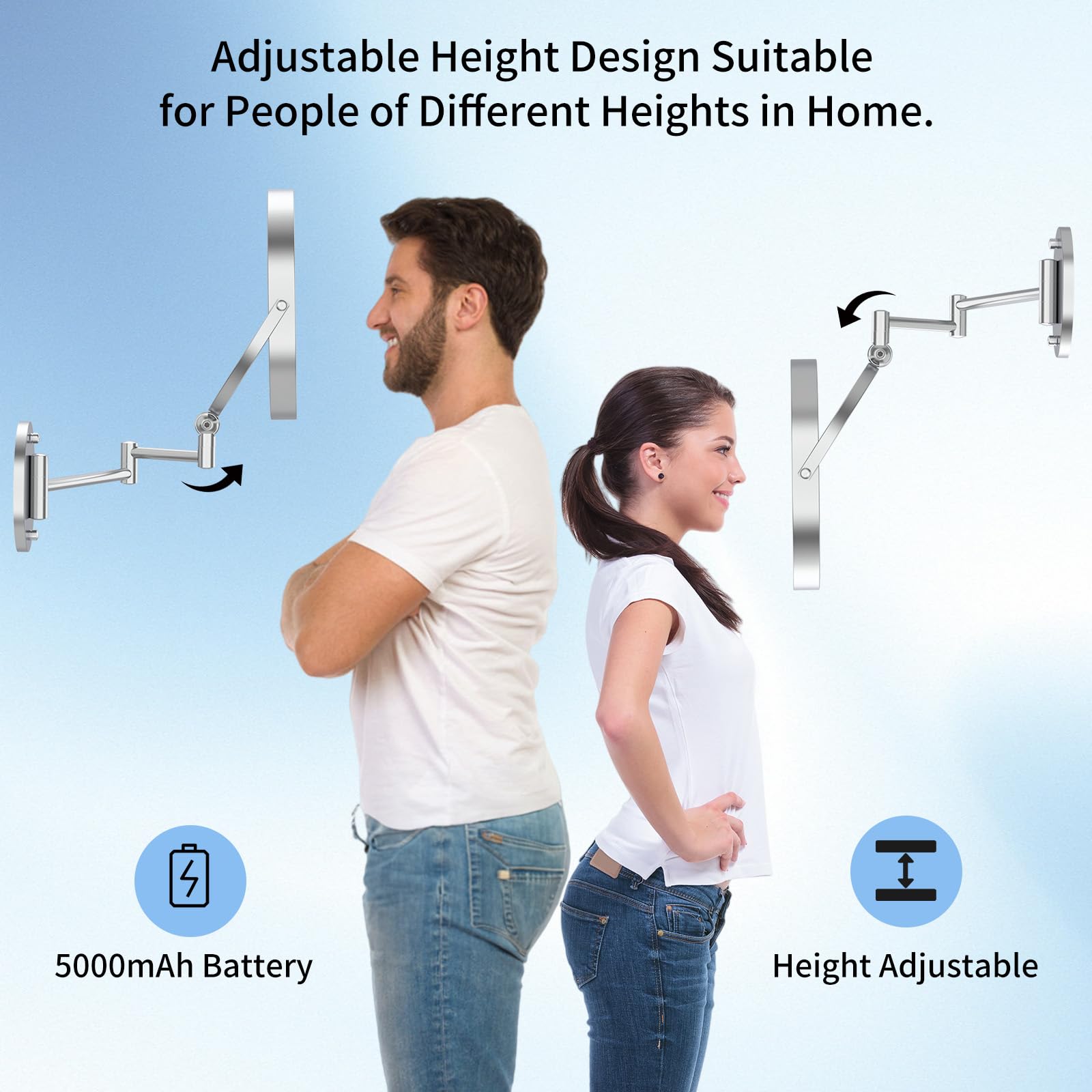 Oglinda cosmetica pivotanta si reglabila pe inaltime, cu ecran tactil si lumina LED reglabila, reincarcabila, 5000 mAh, cu doua fete: 1X/20X, rotativa la 360°, fixare pe perete, de 23 cm - imagine 3