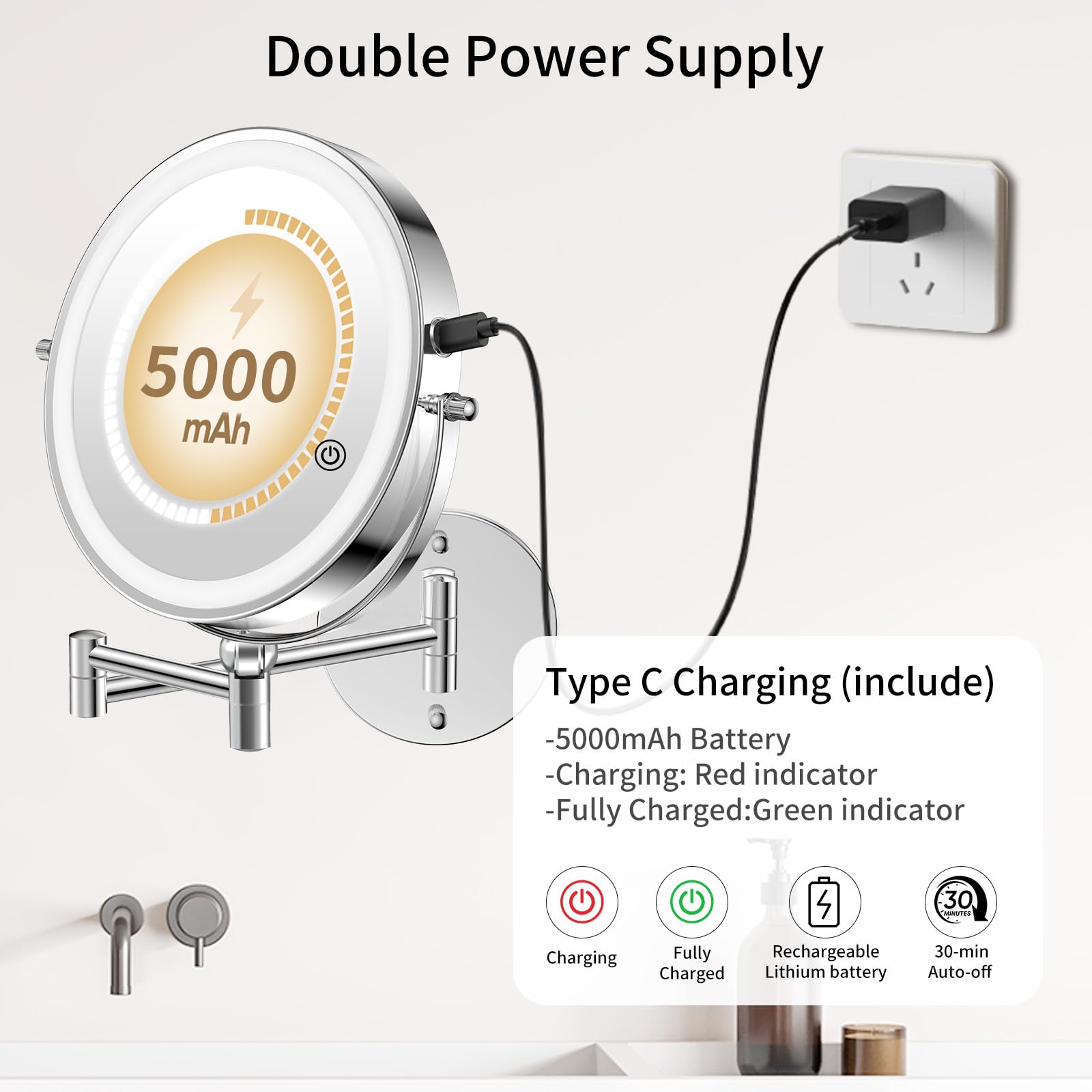 Oglinda cosmetica pivotanta si reglabila pe inaltime, cu ecran tactil si lumina LED reglabila, reincarcabila, 5000 mAh, cu doua fete: 1X/20X, rotativa la 360°, fixare pe perete, de 23 cm - imagine 4