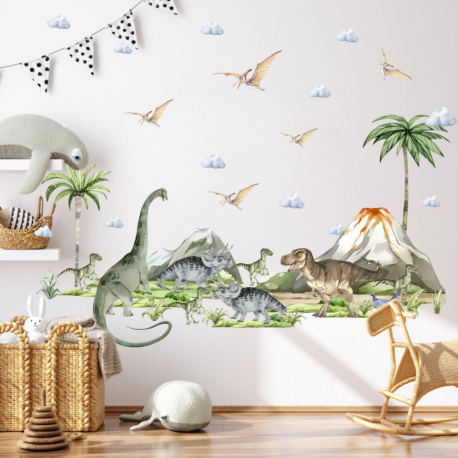 Autocolant de perete cu dinozauri, plante si vulcani, pentru camera copiilor