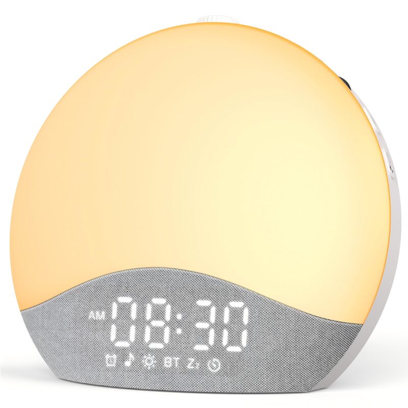 Ceas desteptator cu lumina naturala, sincronizare Bluetooth, 26 de sunete, 17 lumini de noapte, alb
