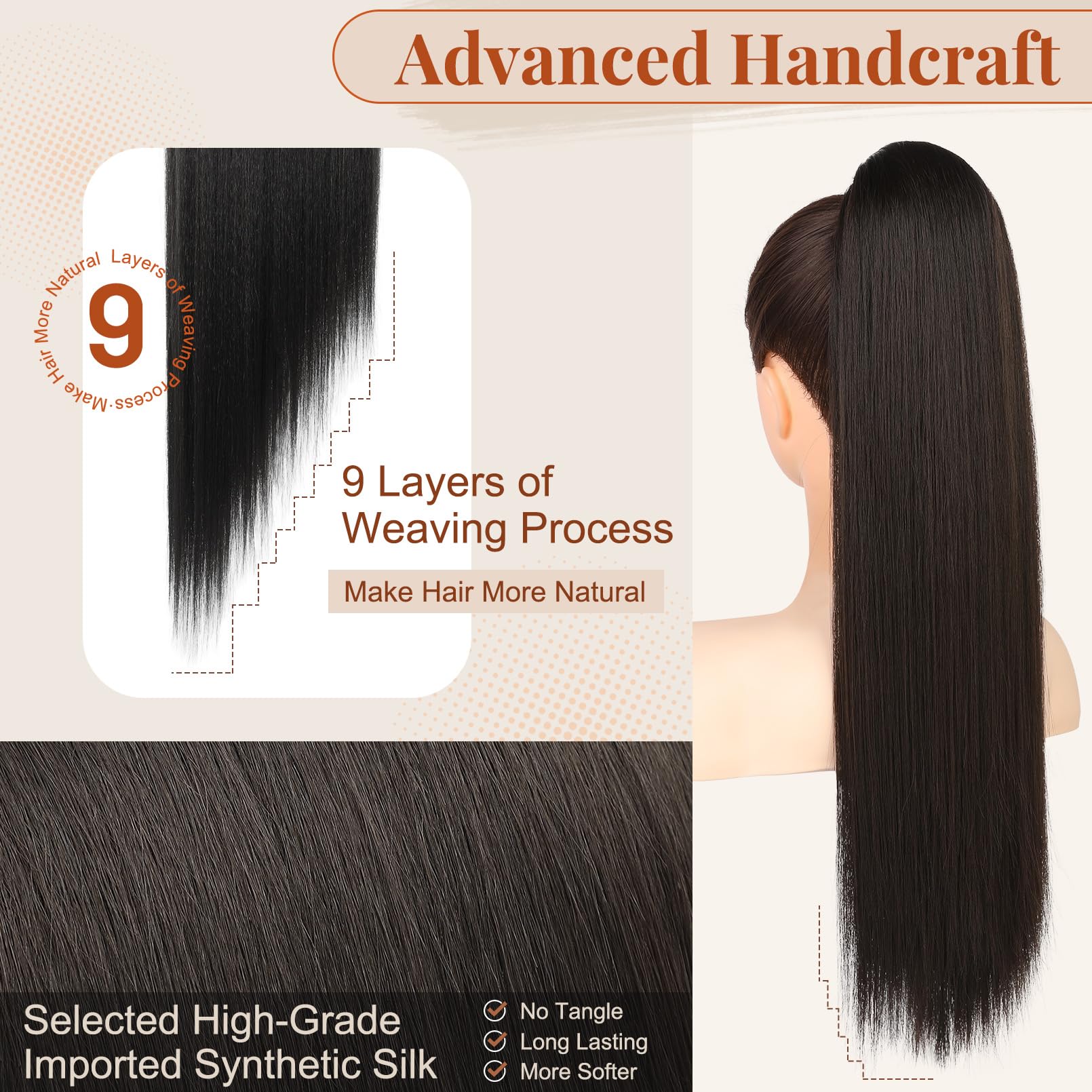 Extensie par coada de cal, 56 cm, sintetica, dreapta, negru-maro - imagine 6