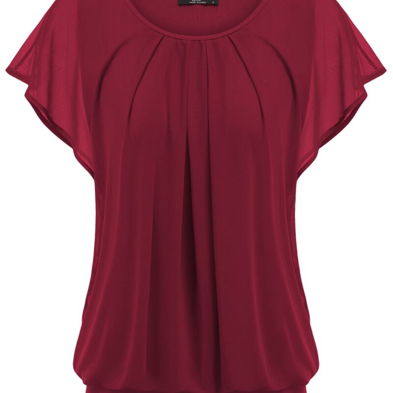 Bluza cu maneca scurta si guler rotund, pentru femei, rosu vin, XXL