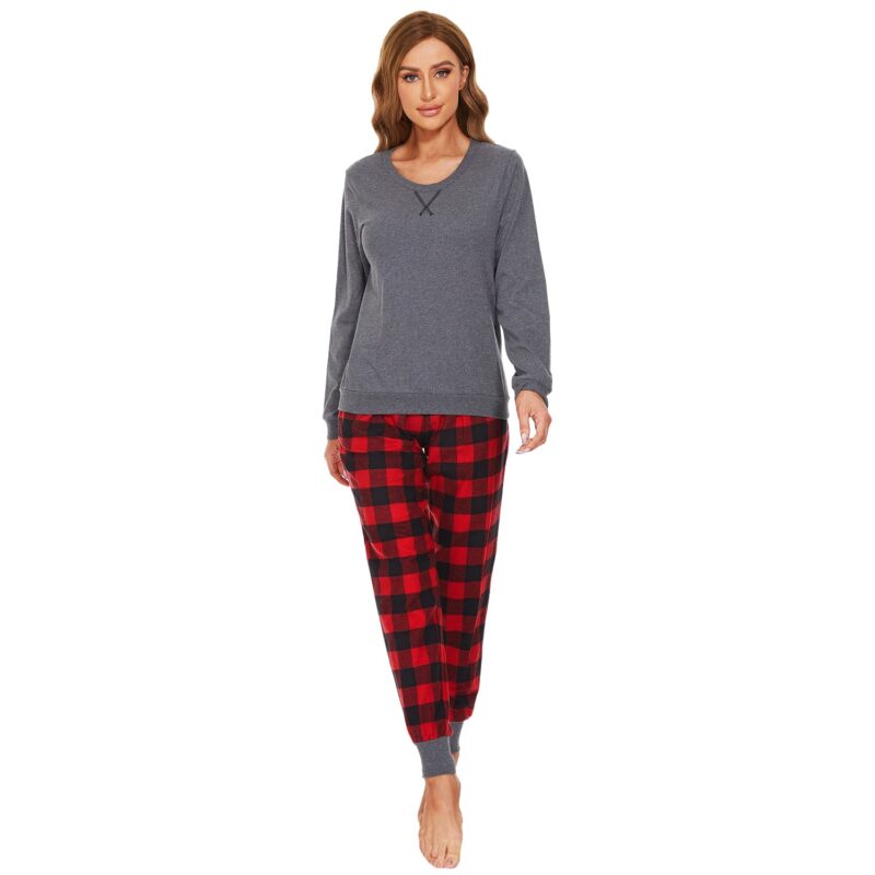 Pijama pentru femei, 100% bumbac, confortabila, model in carouri, grila rosie si neagra, M