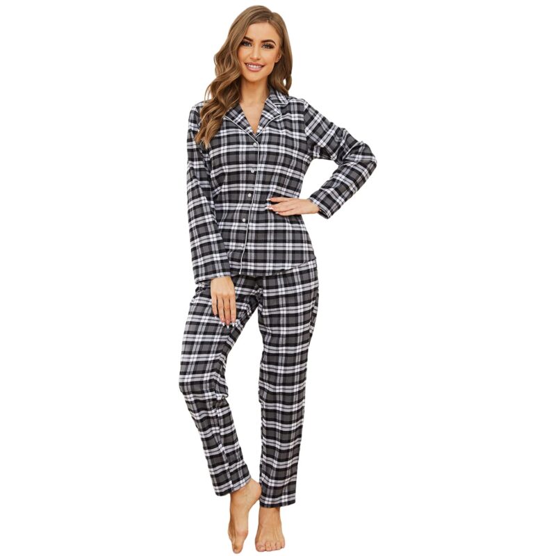 Pijama lunga pentru femei, din flanel, 100% bumbac, negru, L