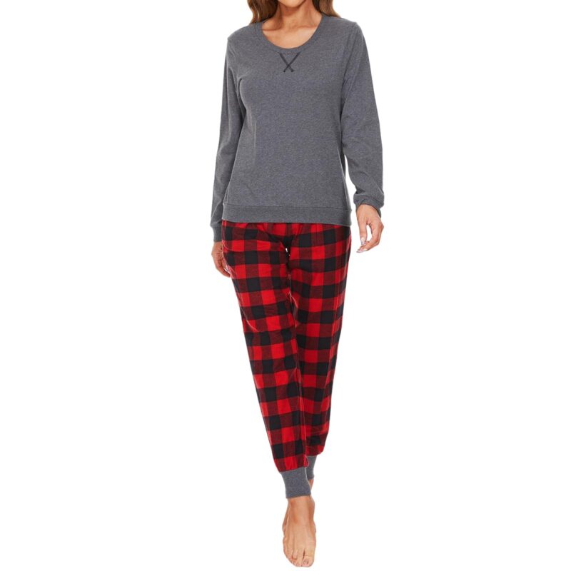 Pijama pentru femei, 100% bumbac, confortabila, model in carouri, grila rosie si neagra, XL