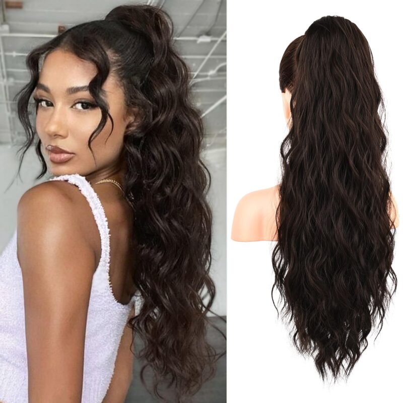 Extensie par coada de cal, ondulata, cu snur, sintetica, negru-maro, 50 cm