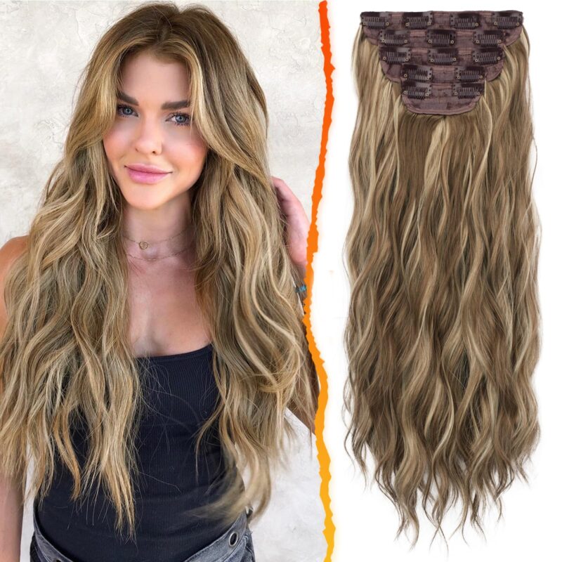 Extensii de par cu clips, 50 cm, sintetice, ondulate, Balayage, maro cenusiu si blond