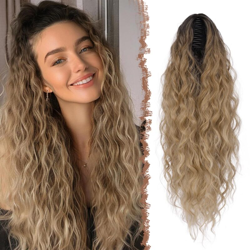 Extensie par coada de cal, cu clema, ondulata, sintetica, 75 cm, blond ombre cu amestec de maro