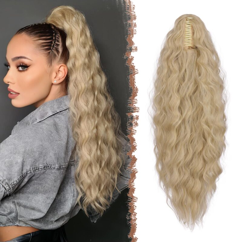 Extensie par coada de cal, cu clema cu gheare, ondulata, blond cenusiu, 66 cm