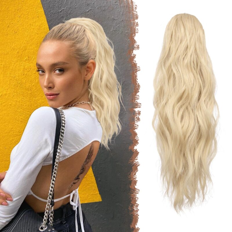 Extensie par coada de cal, cu snur, sintetica, 45 cm, ondulata, blond platinat