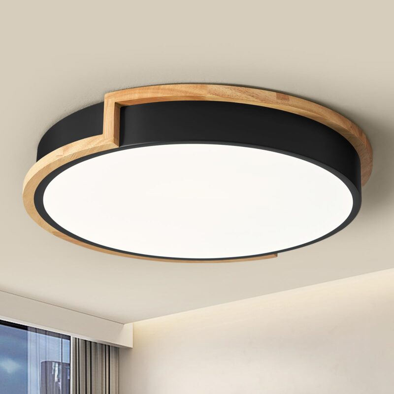 Plafoniera rotunda, neagra, 40 cm, LED 36W, cu accente de lemn, 4000K, nedimabila