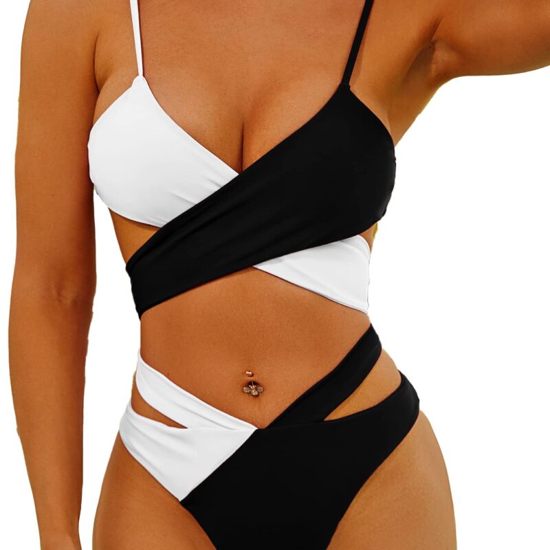 Set bikini pentru femei, din doua piese, talie inalta, sexy, alb cu negru, marime L