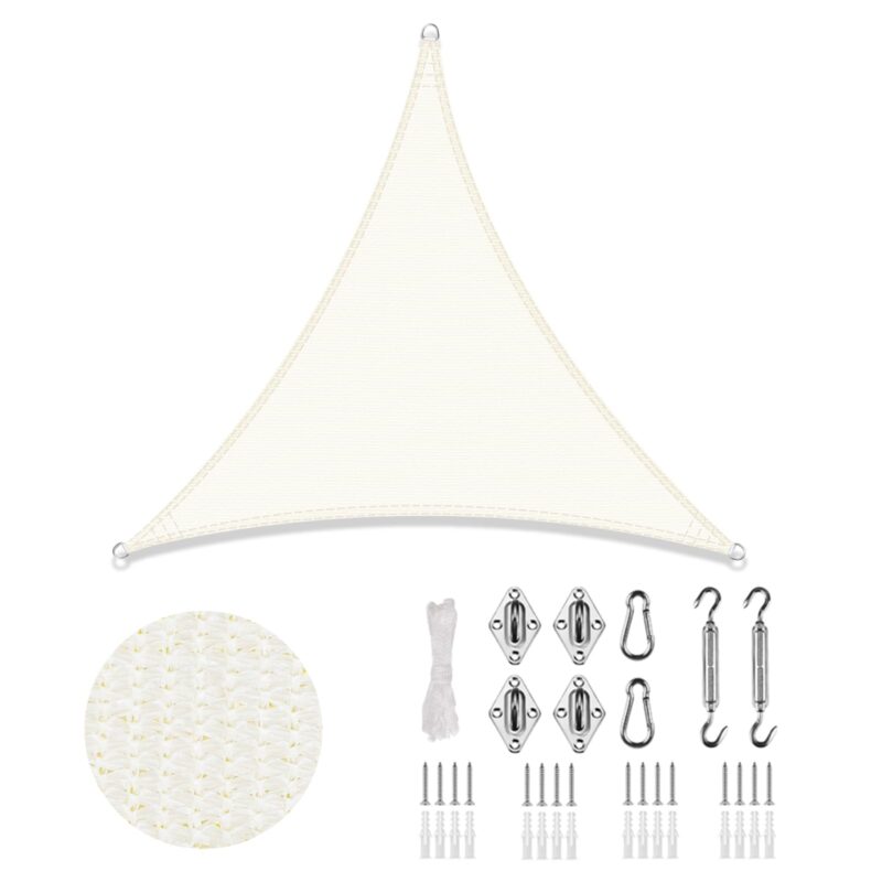 Vela parasolar triunghiulara LOVE STORY 3x3x3m, cu kit de fixare din inox, din HDPE, cu protectie UV, respirabila, crem