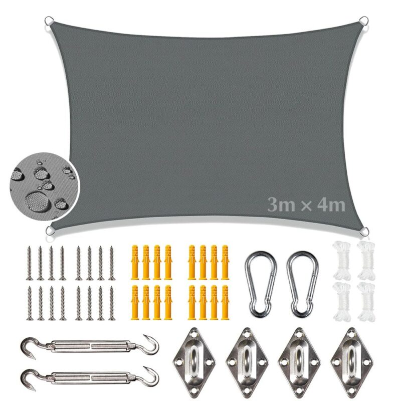 Vela dreptunghiulara de protectie solara, 3x4m, cu kit de prindere, protectie UV, rezistenta la rupere si intemperii