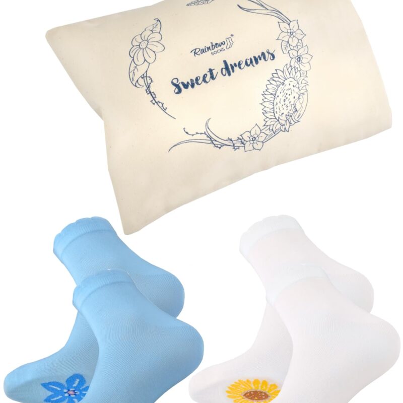 Sosete Sweet Dreams - sosete de dormit pentru femei cu model floral in geanta - 2 perechi (alb, albastru deschis) - marimi 41-46