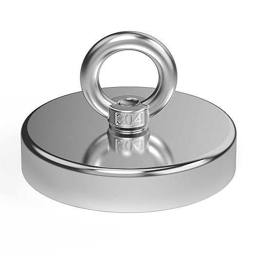 Magnet de pescuit, forta de tractiune de 455 kg, din neodim, rezistent, cu surub cu ochi, diametru 9 cm