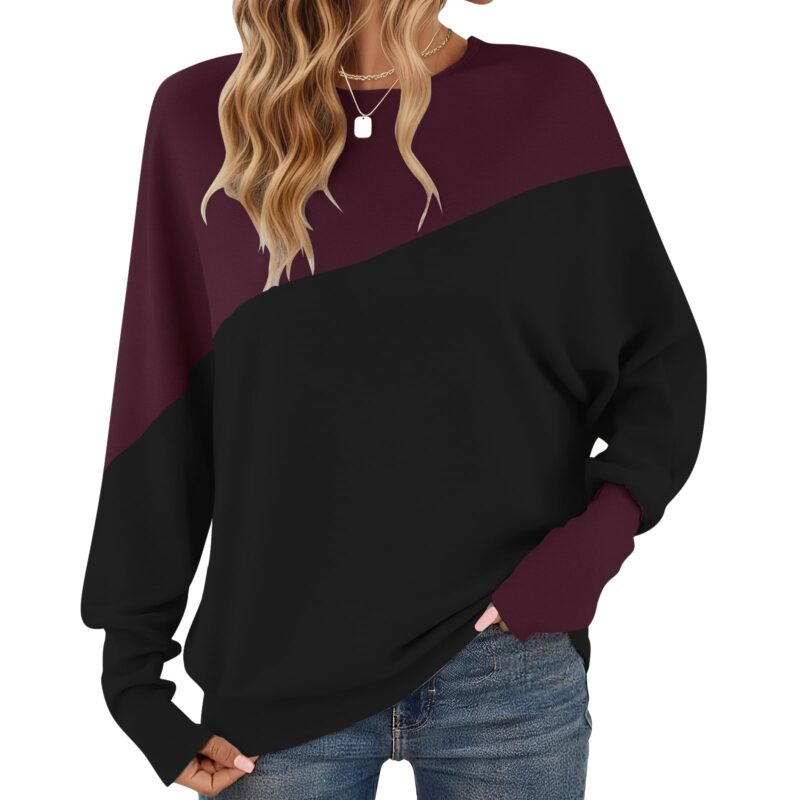 Bluza cu maneca lunga pentru femei, cu guler rotund, negru cu visiniu, XL
