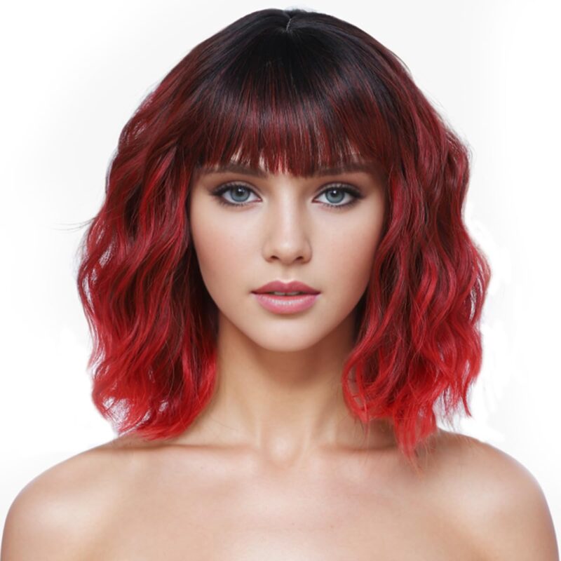 Peruca scurta, bob, cu breton, par sintetic, ondulata, pentru femei, negru si rosu, 30 cm