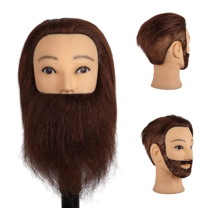 Cap de manechin de frizerie, masculin, cu par uman, maro, 30 cm