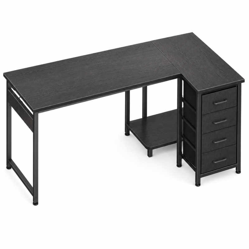 Birou de colt, in forma de L, 120x70 cm, cu 4 sertare, reversibil, negru
