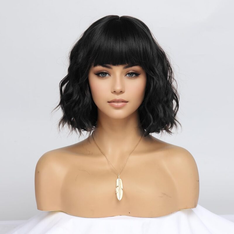 Peruca scurta, ondulata, neagra, bob cu breton, pana la umar, pentru femei, 30cm