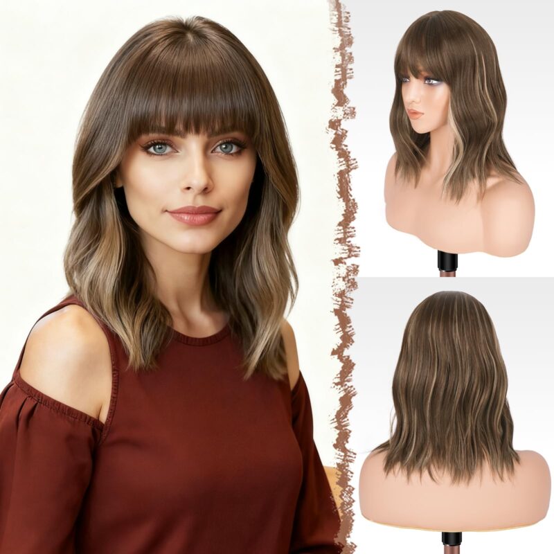 Peruca ondulata, bob, cu breton, par sintetic, pentru femei, maro blond mixt, 35 cm