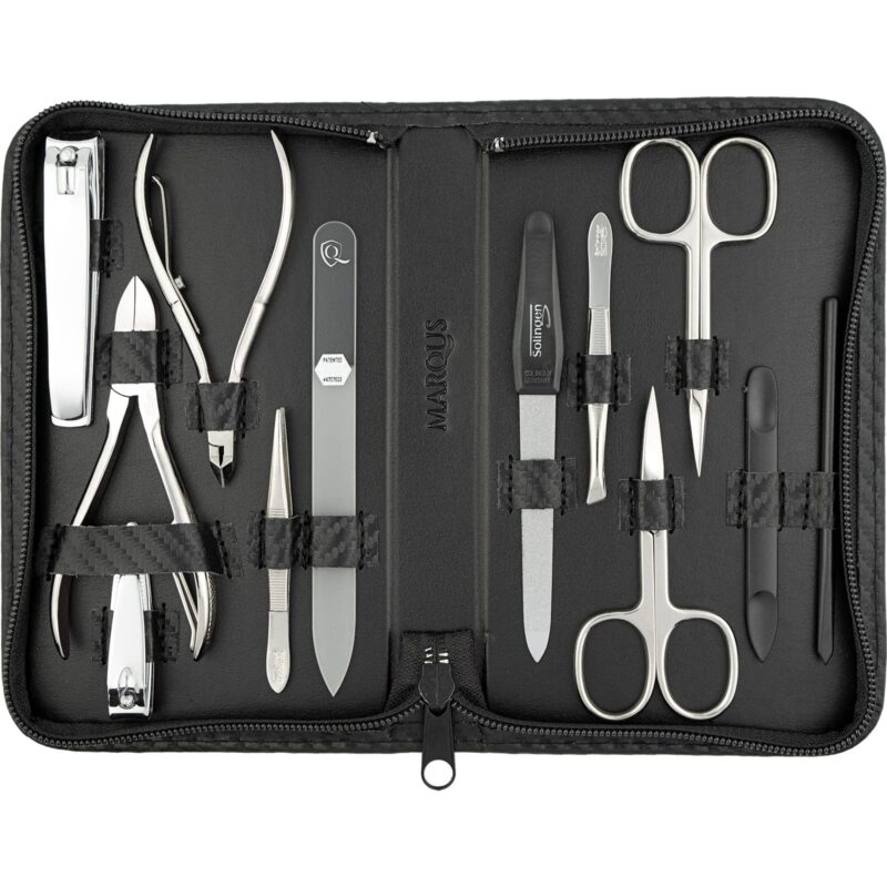 Set de manichiura cu 12 piese in husa din piele ecologica, negru