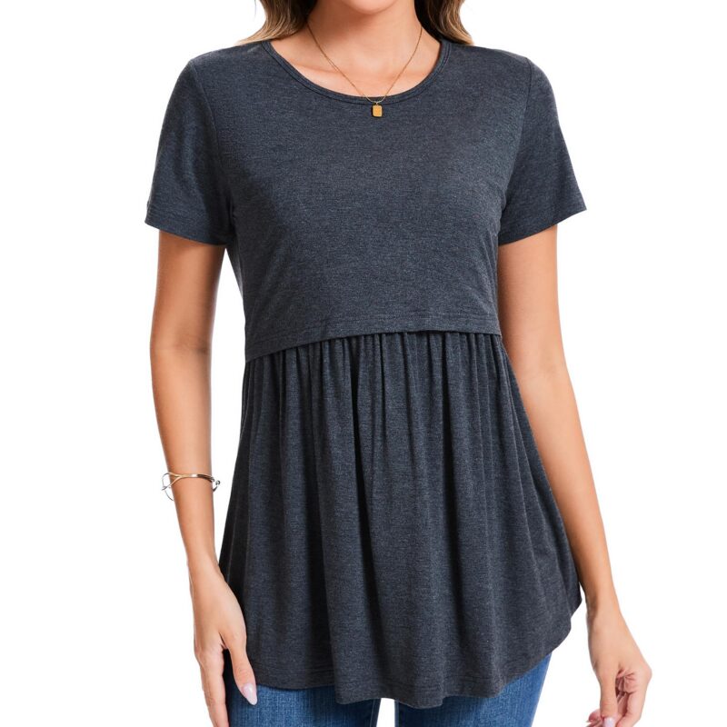 Tricou de alaptare pentru femei, de vara, cu maneca scurta, gri inchis, S