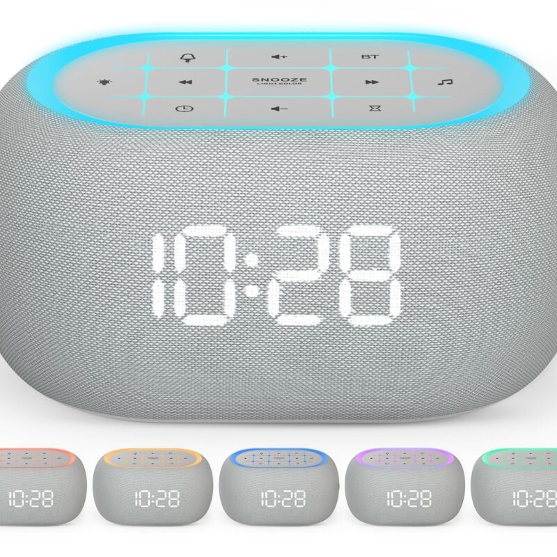 Ceas desteptator digital, cu radio, cu difuzor Bluetooth dual Hi-Fi de 10W, lumina de noapte cu 7 culori, 8 tonuri de alarm, afisaj dimabil 0-100%