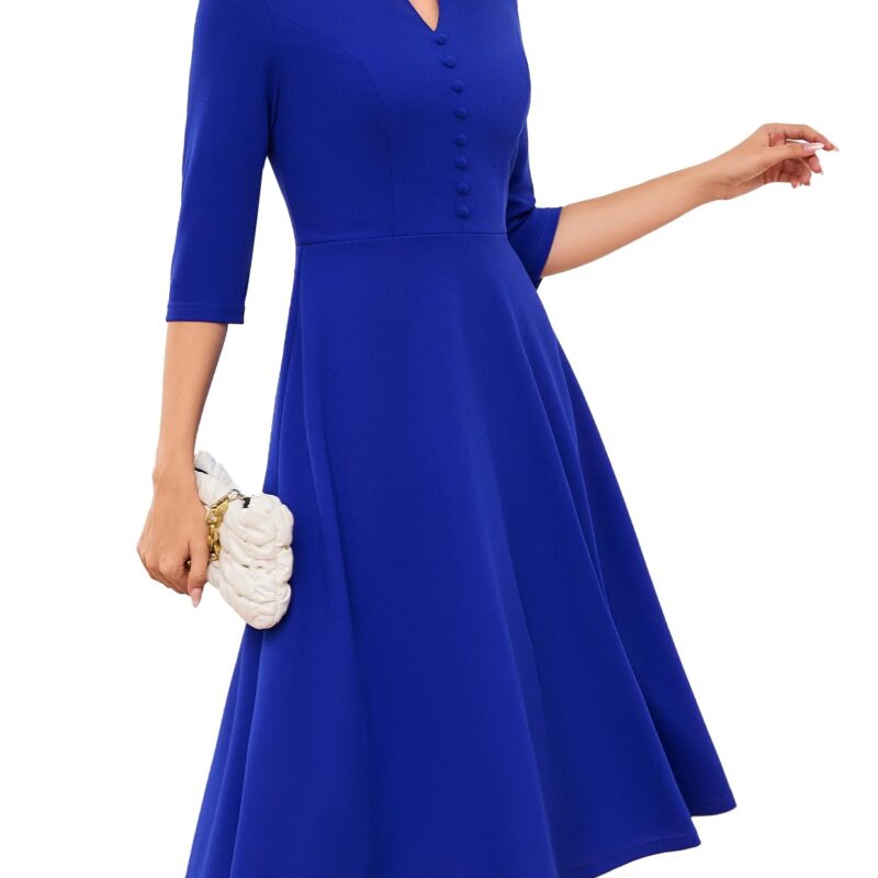 Rochie midi cu maneca 3/4, pentru cocktail, lungime genunchi, albastru regal, XL