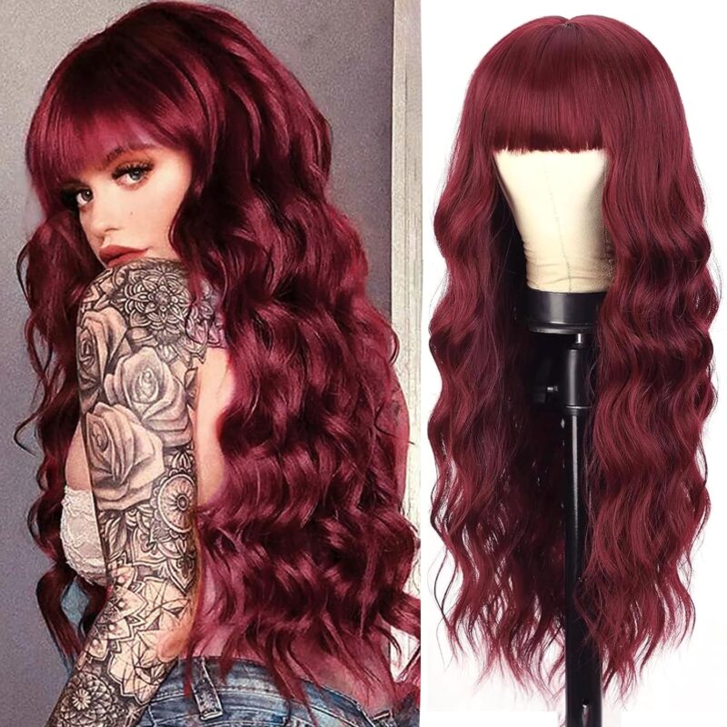 Peruca rosie, lunga, ondulata, cu breton, pentru femei, 70 cm, sintetica, rezistenta la caldura