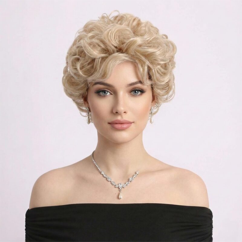 Peruca scurta si creata, cu breton, blond deschis, aspect natural, marime universala