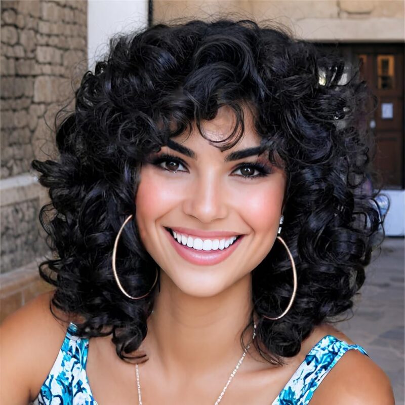 Peruca neagra, creata, pentru femei, par sintetic, bob afro cu onduleuri largi