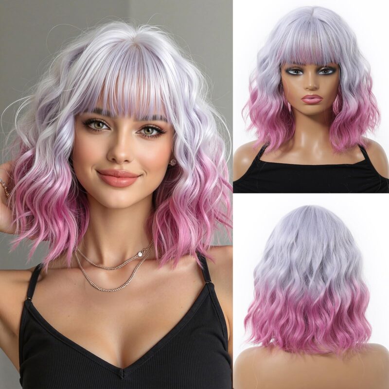 Peruca scurta ombre, bob, ondulata, cu breton, sintetica, rezistenta la caldura, violet, 30 cm