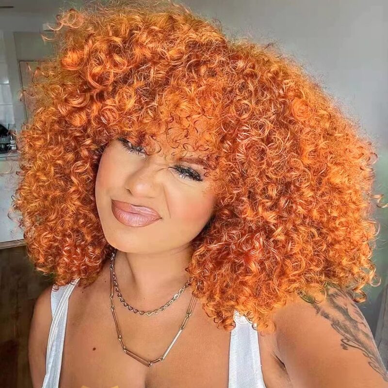 Peruca afro creata, pentru femei, par sintetic, cu breton, portocaliu, scurta