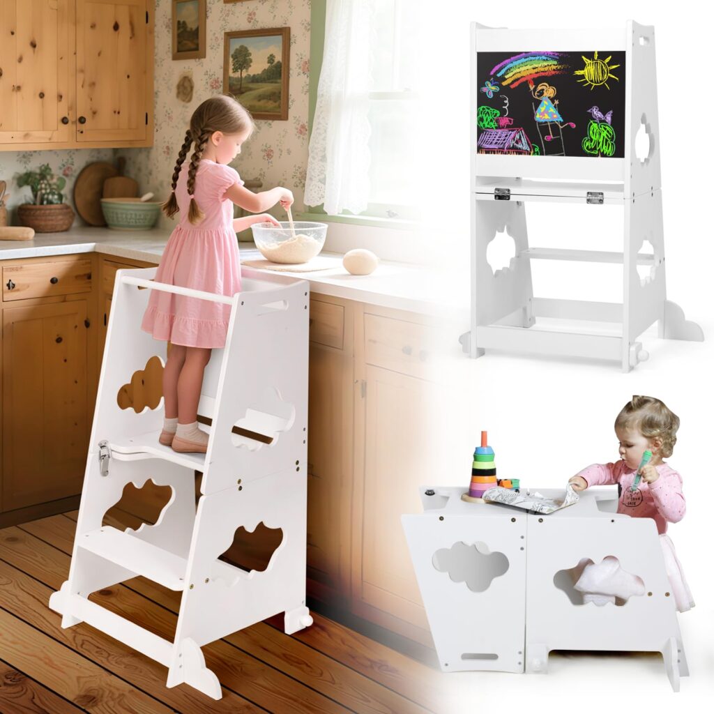 Turn de invatare Montessori, 3 in 1, pliabil, cu sina de siguranta, alb
