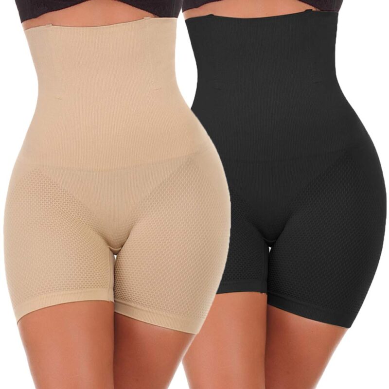 Set 2 buc. pantaloni modelatori pentru femei, scurti, pentru controlul siluetei, cu talie inalta, negru/bej, XL