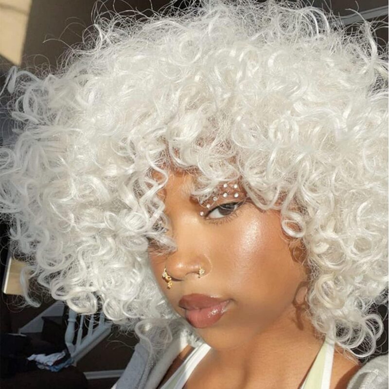 Peruca afro, scurta creata, par sintetic, alb