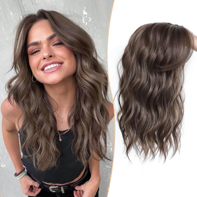 Peruca sintetica cu clips, pentru femei, cu par subtire, 40 cm, ondulata, cu breton, cu suvite, maro
