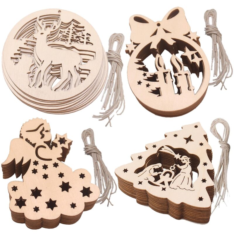 Set decoratiuni de Craciun, 40 de discuri din lemn, 4 forme, cu snururi, natural