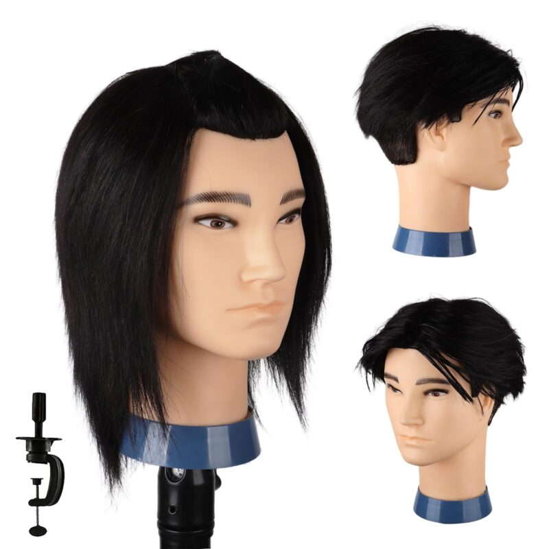 Cap de coafura pentru barbati, par 100% real, cu suport prindere de masa, negru, 35 cm