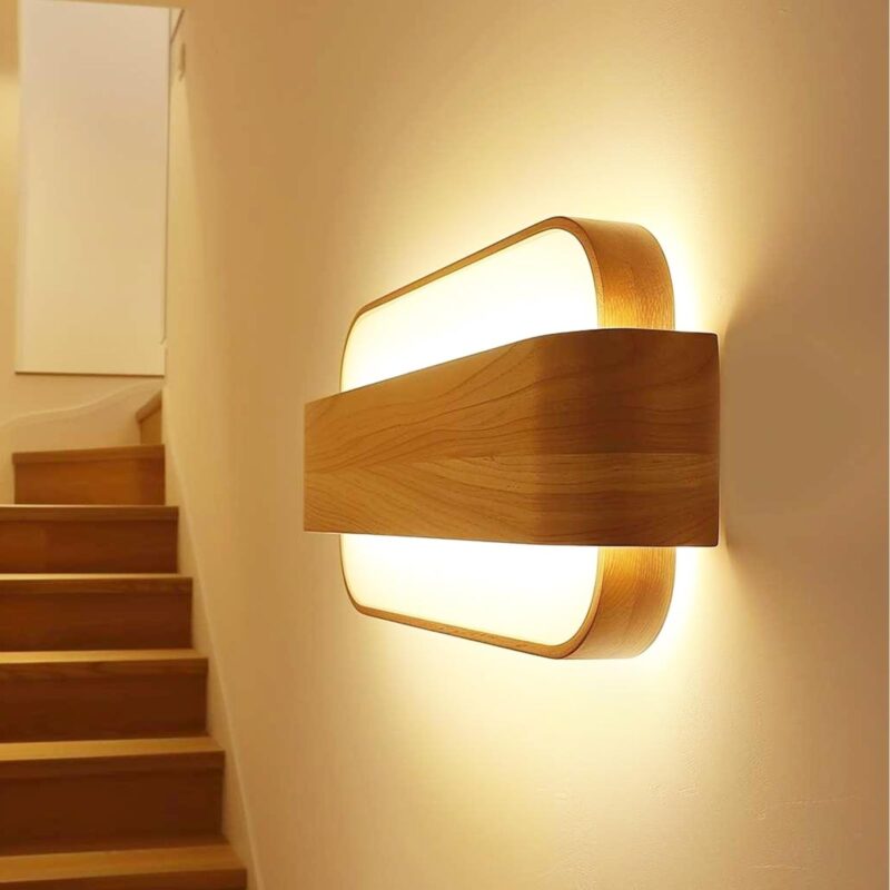 Aplica LED moderna, 13W, alb cald, 3000K, 27x15x9 cm, din metal si acril, aspect de lemn natur